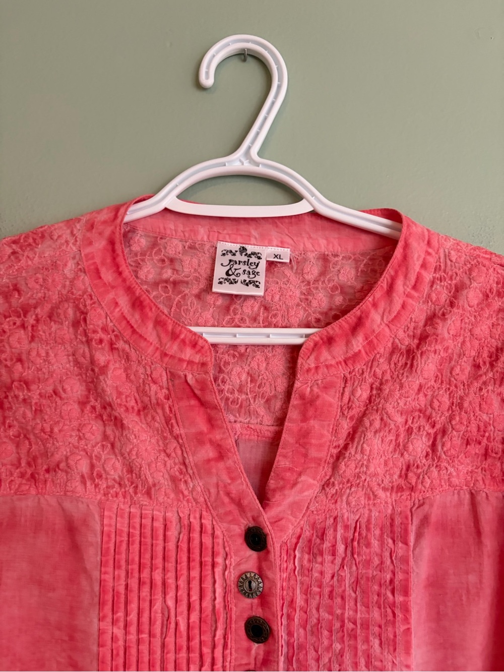 Parsley Sage Cotton Embroidered Tunic Blouse XL Coral Pink Lagenlook Mori Boho - Picture 6 of 16